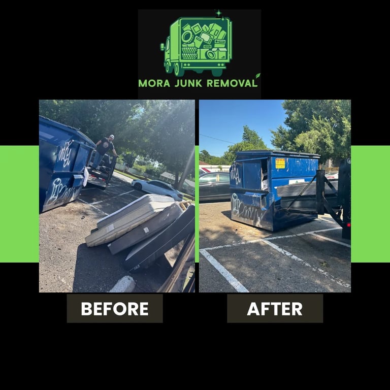 Mora Junk Removal before and after comparison showing cluttered yard with debris transformed into clean empty space
