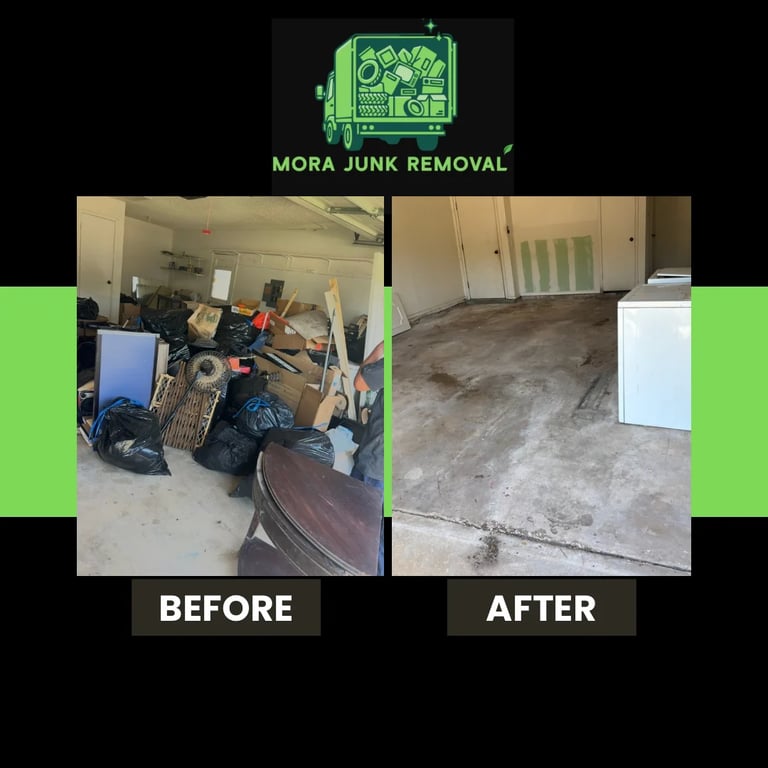 Mora Junk Removal before and after comparison showing cluttered garage on left and clean empty garage on right