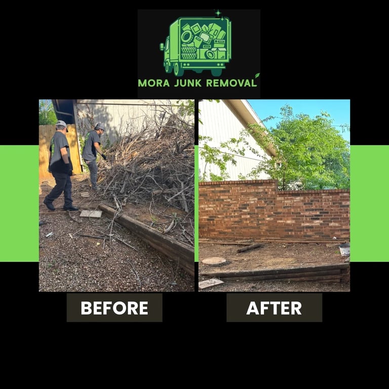Mora Junk Removal before and after comparison showing cleared debris and cleaned brick wall area