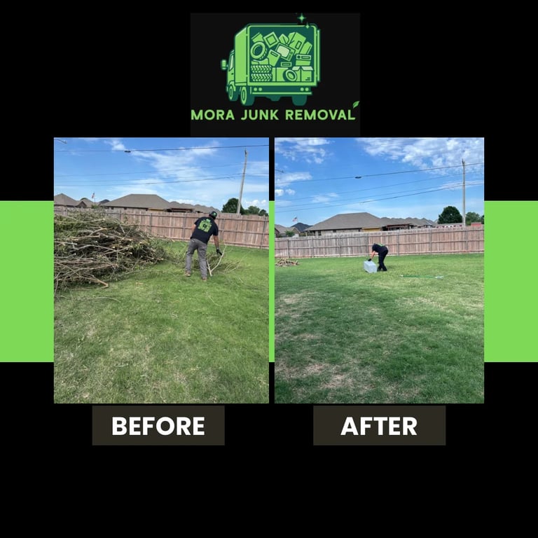 Mora Junk Removal before and after comparison showing yard cleanup with debris removal on left and cleared green lawn on right