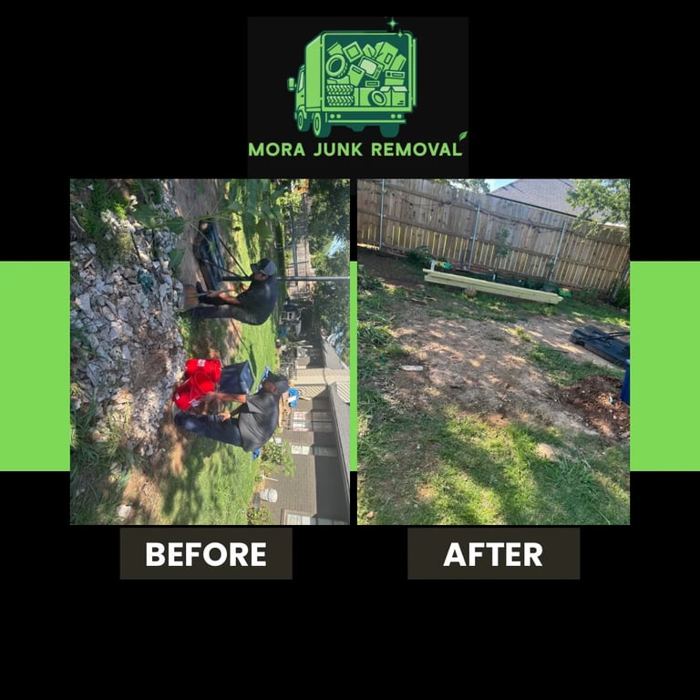 Mora Junk Removal before and after comparison showing cluttered yard transformed to clean landscaped space