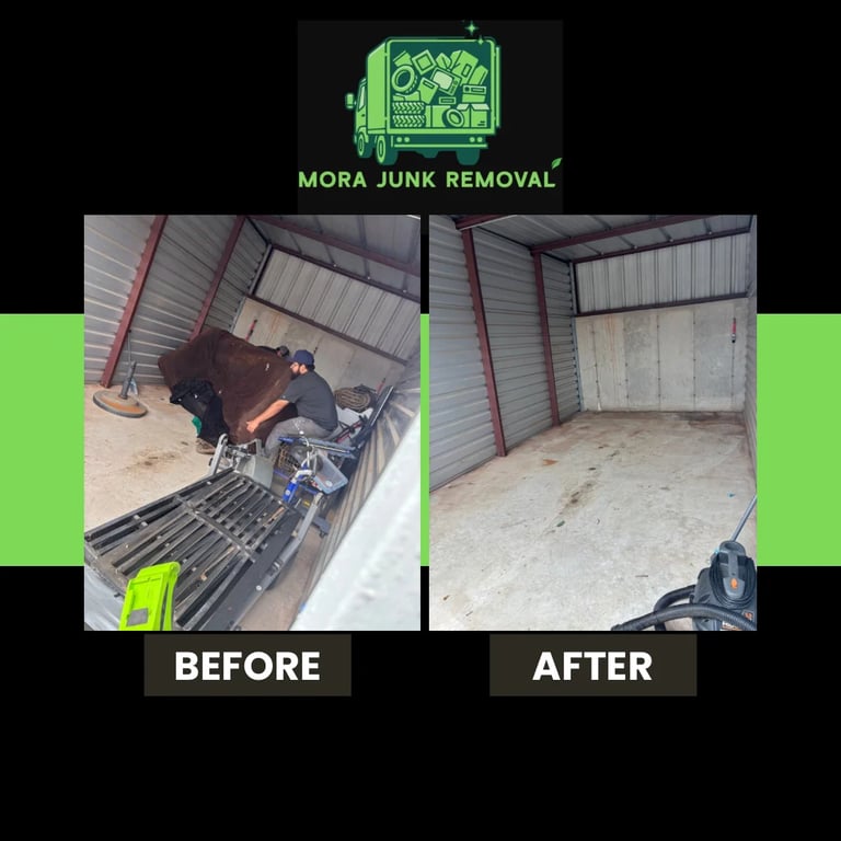 Before and after junk removal comparison showing a cluttered garage transformed into an empty clean space by Mora Junk Removal